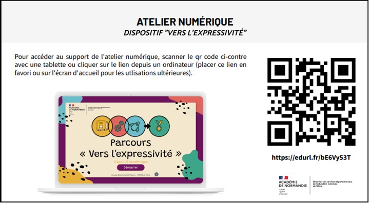 Fiche pour accéder à l'atelier numérique composée d'un lien court et d'un QR Code