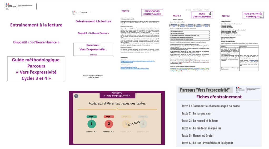 Capture d'écran des premières pages des différents supports : guide, fiche d'activités, activités numériques et atelier d'entrainement